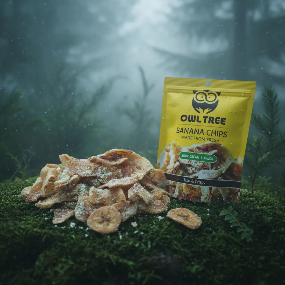 OWLTREE Banana Chips pack on moss with chips