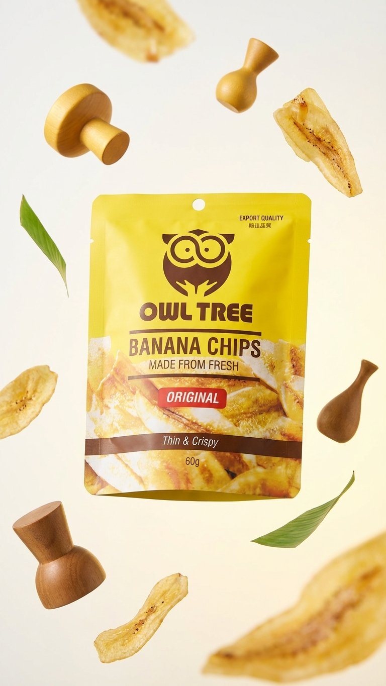 Banana chips package surrounded by banana pieces