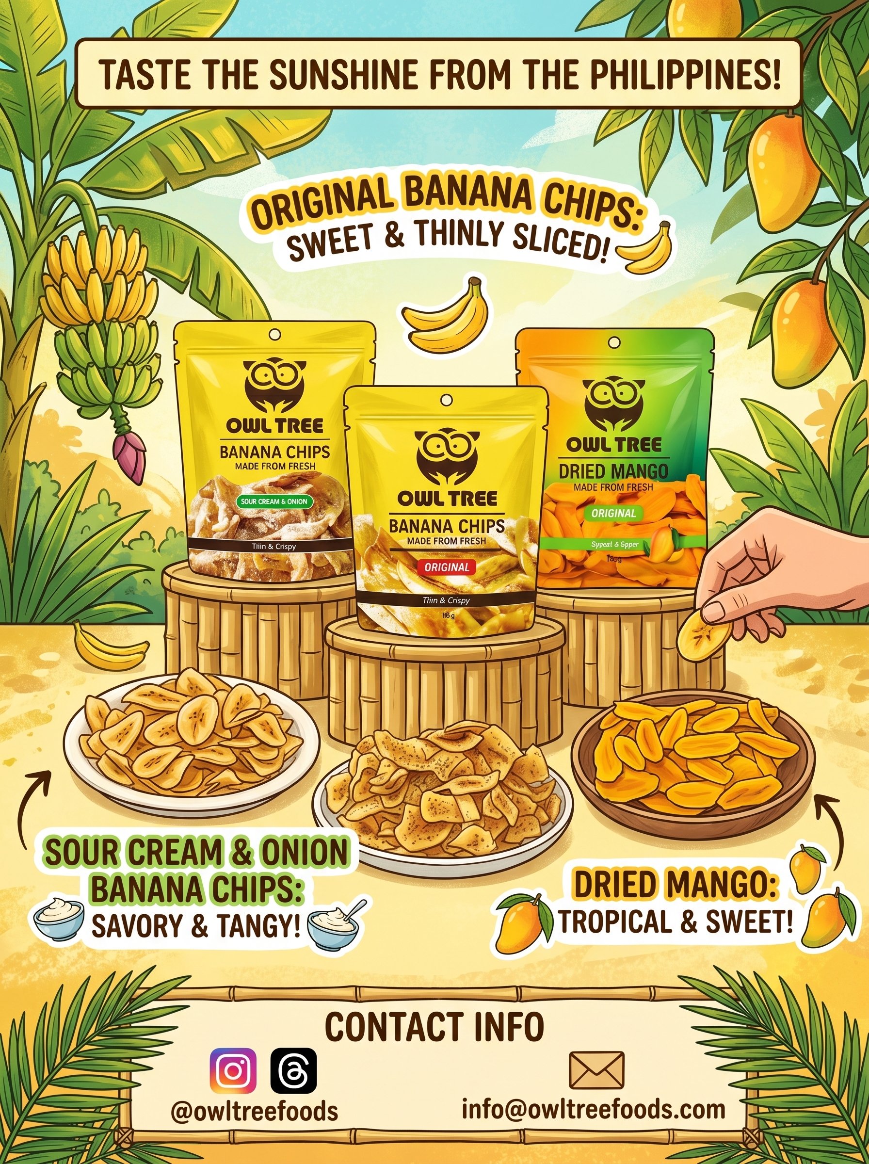 Owl Tree tropical snack lineup with banana chips and dried mango